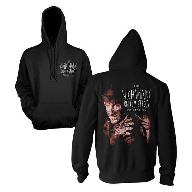 Black hoodie with 'The Nightmare on Elm Street' collection design on front and back