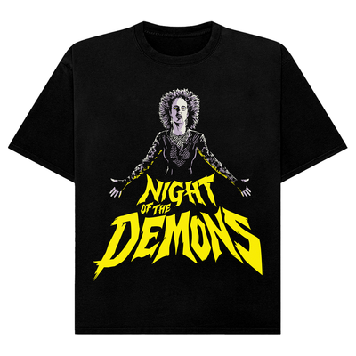 Black t-shirt with 'Night of the Demons' graphic design on a white background