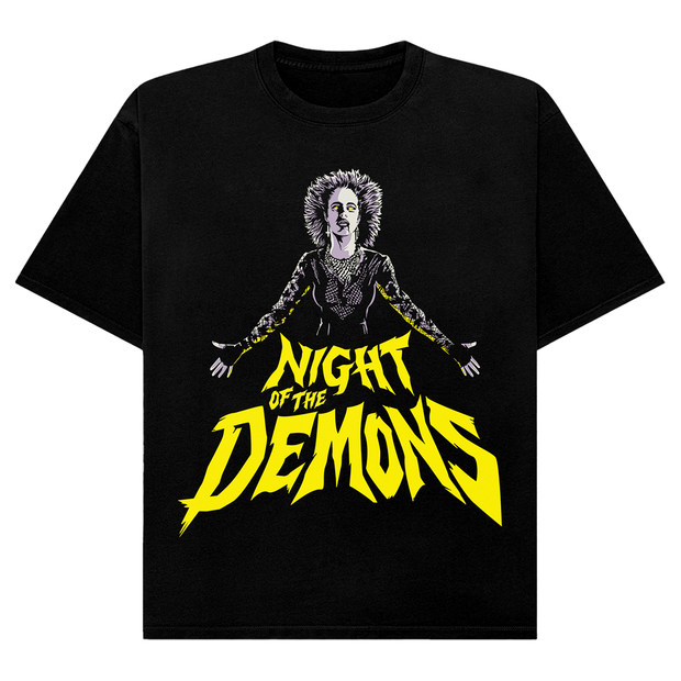 Black t-shirt with 'Night of the Demons' graphic design on a white background