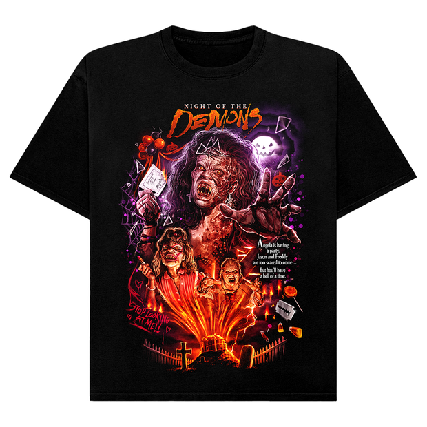 Black t-shirt with 'Night of the Demons' graphic design.