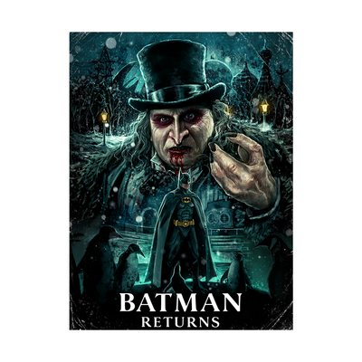 Movie poster for 'Batman Returns' featuring penguin in a top hat and suit.