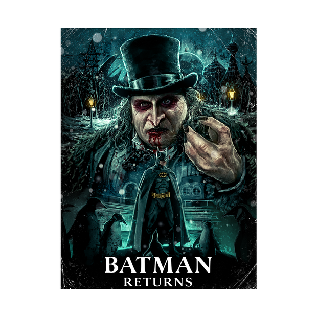 Movie poster for 'Batman Returns' featuring penguin in a top hat and suit.