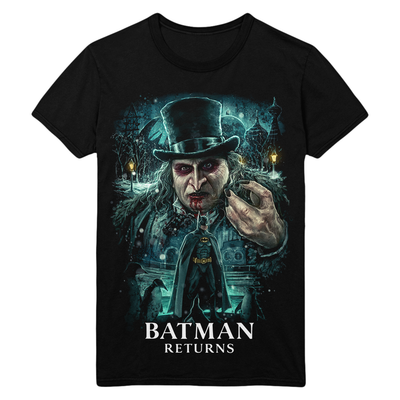 Black t-shirt with a graphic design of penguin in a top hat and coat, with 'Batman Returns' text.