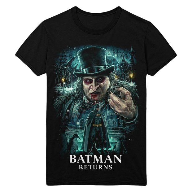 Black t-shirt with a graphic design of penguin in a top hat and coat, with 'Batman Returns' text.
