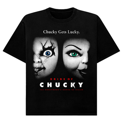 Black t-shirt with 'Bride of Chucky' graphic design featuring two faces with colored eyes.