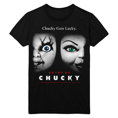 Black t-shirt with 'Bride of Chucky' graphic design featuring faces with different eye colors.