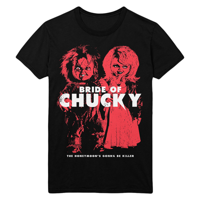 Black t-shirt with 'Bride of Chucky' graphic design on a white background