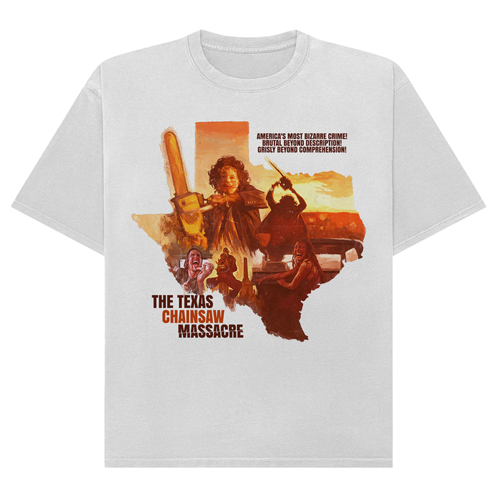A white short-sleeve crewneck t-shirt featuring a large graphic print of the Texas Chainsaw Massacre movie poster styled as a silhouette of Texas, shown on a clean white background.
