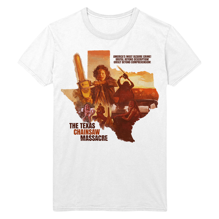 A white short-sleeve crewneck t-shirt featuring a large graphic print on the front. The graphic is styled like a retro movie poster for 'The Texas Chainsaw Massacre', showing Leatherface, a chainsaw, and a silhouette of Texas, with brown and orange text.