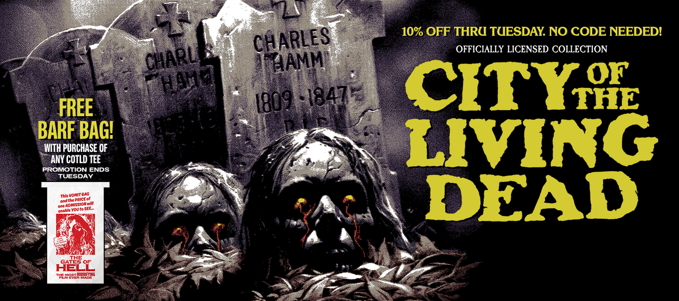 Promotional graphic for 'City of the Living Dead' with tombstones and zombie heads, featuring text and a discount offer.