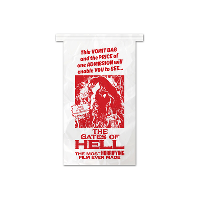 Vomit bag with red text and City of the Living Dead graphic design on it