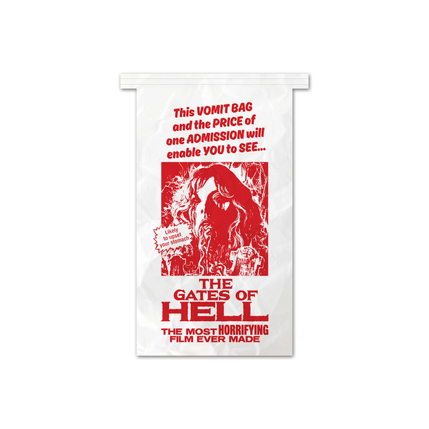 Vomit bag with red text and City of the Living Dead graphic design on it