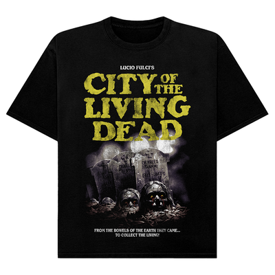 Black t-shirt with 'City of the Living Dead' graphic design featuring yellow text and tombstones.