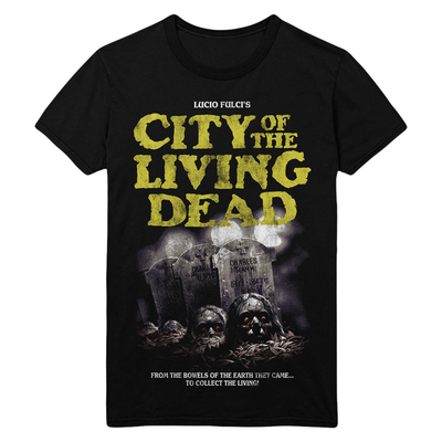 Black t-shirt with 'City of the Living Dead' graphic design featuring zombies and tombstones.