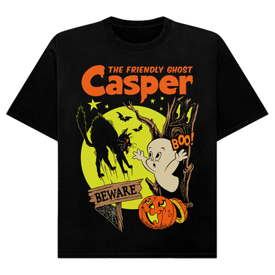 Black t-shirt with Casper the Friendly Ghost Halloween-themed graphic design