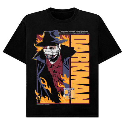 Black t-shirt with a graphic design of a character in a hat and coat, featuring the word 'Darkman'.