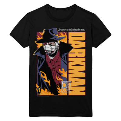 Black t-shirt with a graphic design of a character in a hat and coat, featuring the text 'Darkman'.