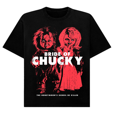 Black t-shirt with 'Bride of Chucky' graphic design featuring a red-skinned man and woman.