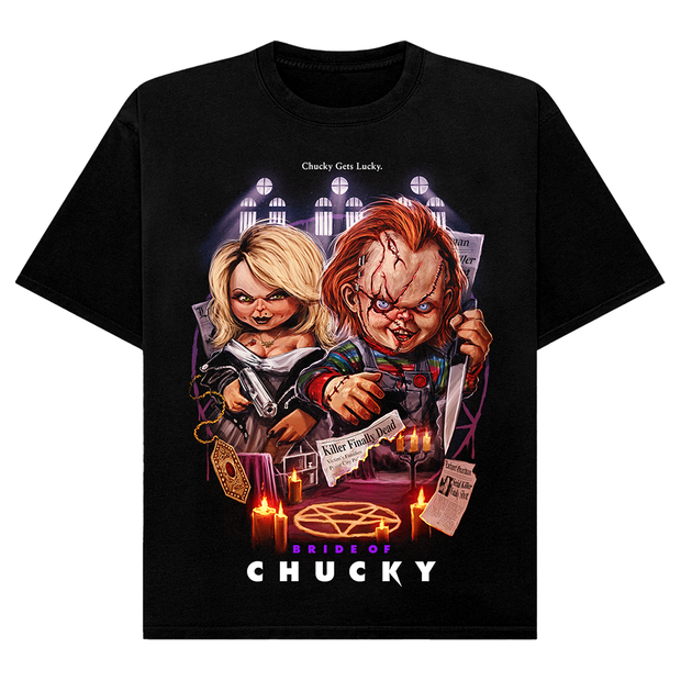 Black t-shirt with 'Princess Bride of Chucky' graphic design featuring two characters holding a knife.