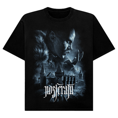 Black t-shirt with a graphic design of a Nosferatu and a castle