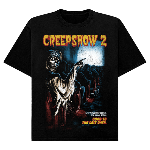 Black t-shirt with 'Creepshow 2' graphic design featuring a skeleton and text.