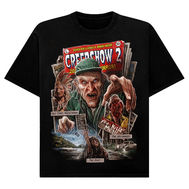 Black t-shirt with 'Creepshow 2' horror movie poster design featuring the creeper and text.