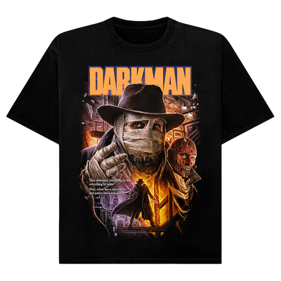 Black t-shirt with 'Darkman' graphic design featuring a masked character and text.