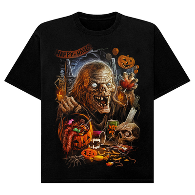Black t-shirt with a Halloween-themed graphic featuring the Crypt Keeper and pumpkins.