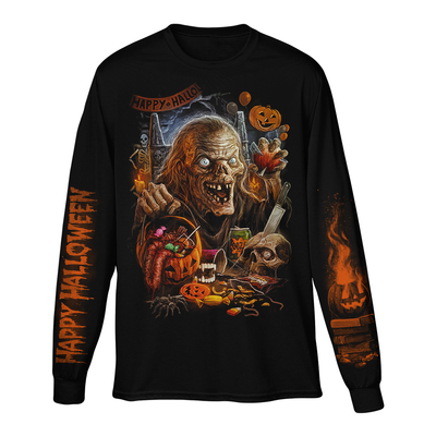 Black long-sleeve shirt with Halloween-themed graphic design featuring the Crypt Keeper and pumpkins.