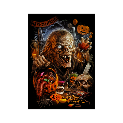 Halloween-themed illustration with the Crypt Keeper, pumpkins, and skulls on a dark background.