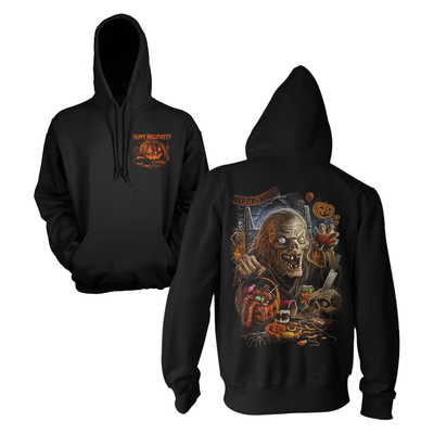 Black hoodie with Halloween-themed graphics on front and back featuring the Crypt Keeper
