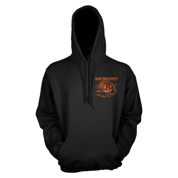 Black hoodie with Halloween-themed graphics on front and back featuring the Crypt Keeper