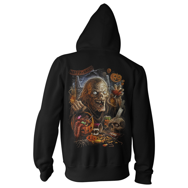 Black hoodie with Halloween-themed graphics on front and back featuring the Crypt Keeper