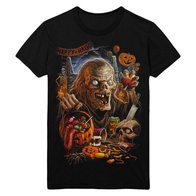 Black t-shirt with a Halloween-themed graphic the Crypt Keeper and pumpkins.