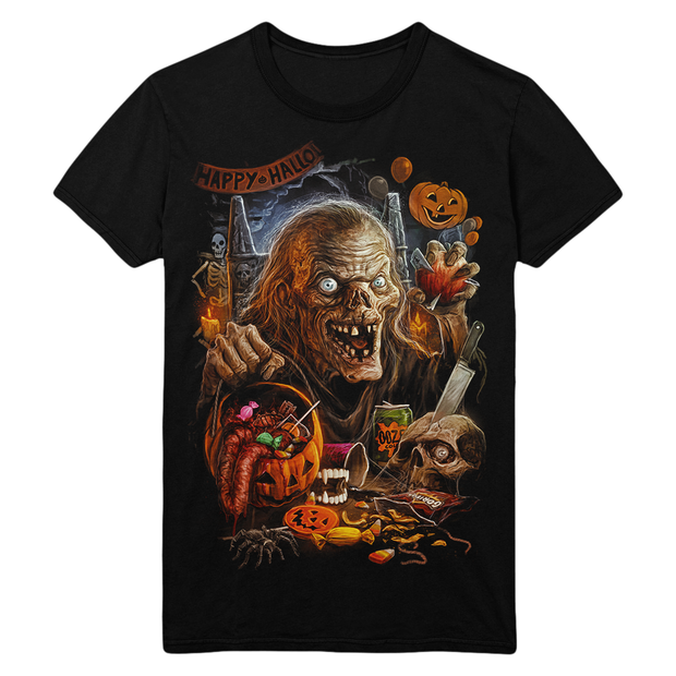 Black t-shirt with a Halloween-themed graphic the Crypt Keeper and pumpkins.