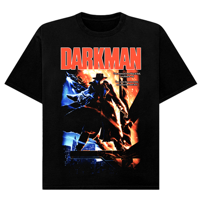 Black t-shirt with 'Darkman' graphic design featuring a silhouette of a man in a hat and coat.