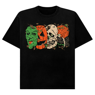 Black t-shirt with Halloween-themed design featuring Don Post Studios Halloween Trio Masks from Halloween III: Season of the Witch