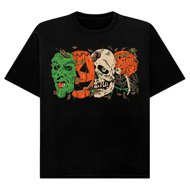Black t-shirt with Halloween-themed design featuring Don Post Studios Halloween Trio Masks from Halloween III: Season of the Witch