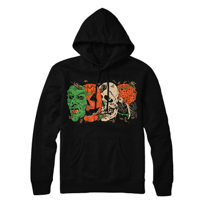 Black hoodie with Halloween-themed design featuring Don Post Studios Halloween Trio Masks from Halloween III: Season of the Witch