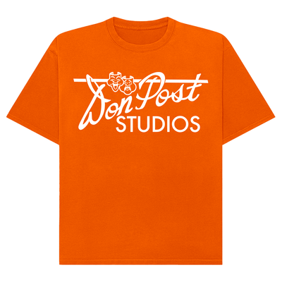 Orange t-shirt with 'Don Post Studios' logo