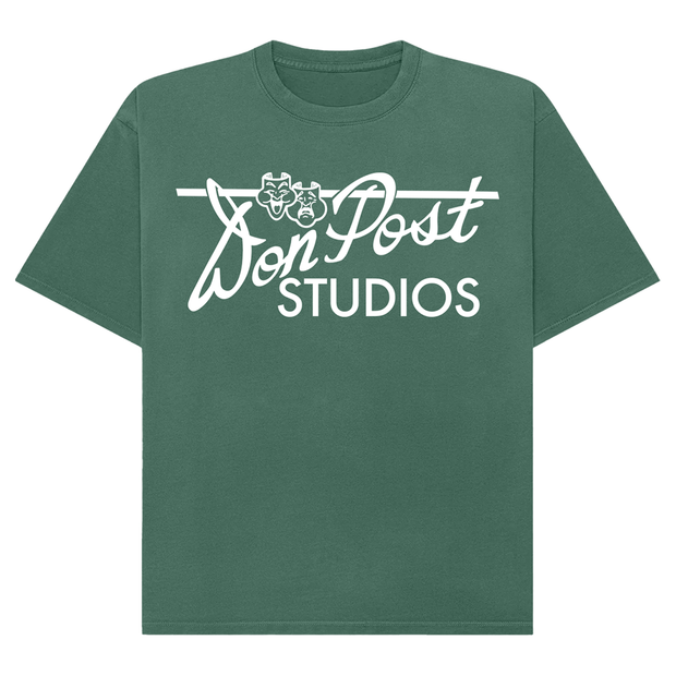 Green t-shirt with 'Don Post Studios' logo