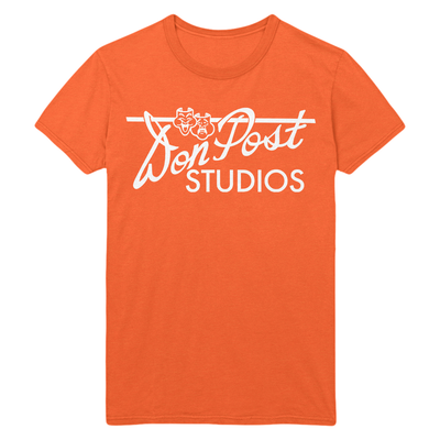 Orange t-shirt with 'Don Post Studios' logo