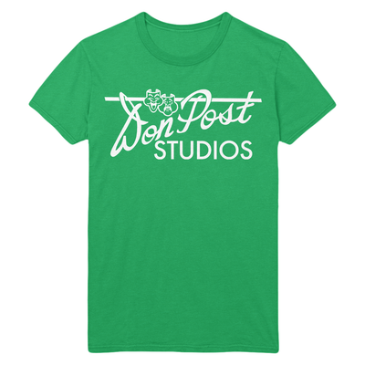Green t-shirt with 'Don Post Studios' logo