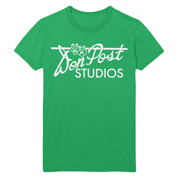 Green t-shirt with 'Don Post Studios' logo