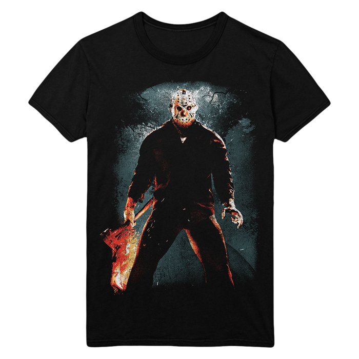 Black t-shirt with a graphic of Jason Voorhees from Friday the 13th: The Game