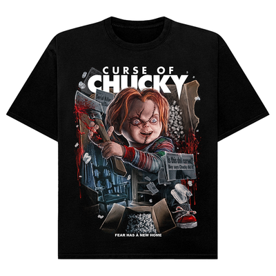 Black t-shirt with 'Curse of Chucky' graphic design featuring a character holding an axe.