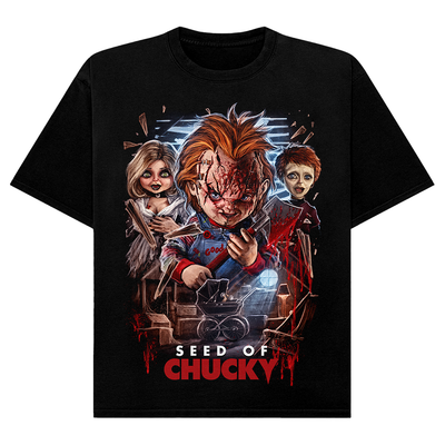 Black t-shirt with 'Seed of Chucky' graphic design featuring a character holding a doll.