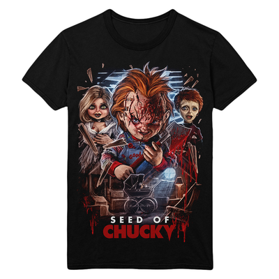Black t-shirt with 'Seed of Chucky' graphic design featuring a doll and a child with red hair.