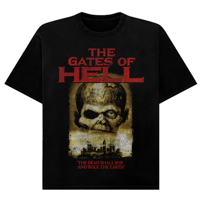 Black t-shirt with 'The Gates of Hell' graphic design featuring a zombie and text.