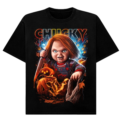 Black t-shirt with 'Chucky' graphic design featuring a character holding a knife and a pumpkin.